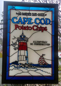 Stained glass window as one enters the Cape Cod Potato Chip factory